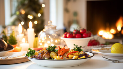 Winter holiday meal for dinner celebration menu, main course festive dish for Christmas, family event, New Year and holidays, English country food recipe - obrazy, fototapety, plakaty