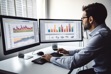 Male office worker browsing the internet on his computer in his workspace facing a virtual environment with big data, an artificial intelligence and it, computer Generative AI stock illustration