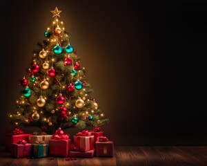 Fototapeta na wymiar Christmas tree with presents and lights on dark background, christmas greetings mockup
