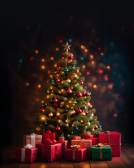 Fototapeta na wymiar Christmas tree with presents and lights on dark background, christmas greetings mockup