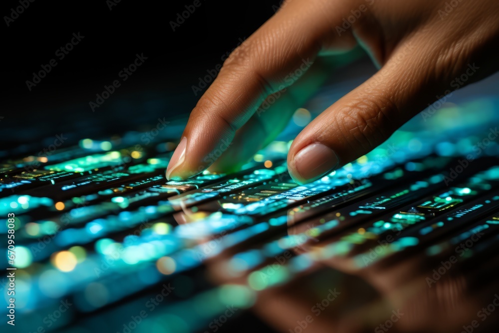 Poster virtual keyboard syncing business data with global network. data exchange and information transfer