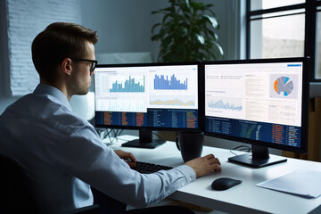 Male office worker browsing the internet on his computer in his workspace facing a virtual environment with big data, an artificial intelligence and it, computer Generative AI stock illustration