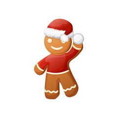Funny Gingerbread Man Clipart. Christmas Cookie Character Clip Art Wear Red Santa Hat. With Snowball In His Hands.