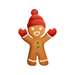 Welcoming Funny Gingerbread Man Clipart. Christmas Cookie Character Wear Red Knitted Beanie Hat And Gloves.