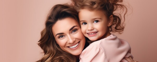 Obraz premium Mother and daughter hugging each other, smiling. Emotional portrait of a Mother and a daughter on soft colored wall.