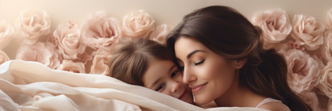 Mother and daughter hugging each other, smiling. Emotional portrait of a Mother and a daughter on soft colored wall.