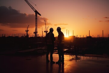 Silhouette of two engineers on building site, construction site, sunset at evening time