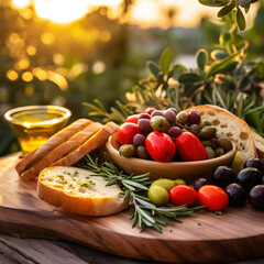 Mediterranean brunch with delicious tomatoes, ciabatta, olives, rosemary and cheese in an olive garden. Generative AI