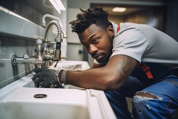 Young black male plumber fixing a bathroom sink at home