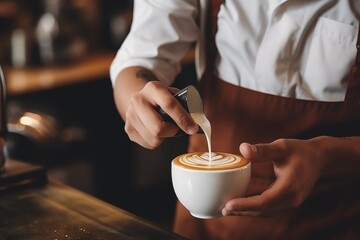 Hands of male barista making cappuccino
