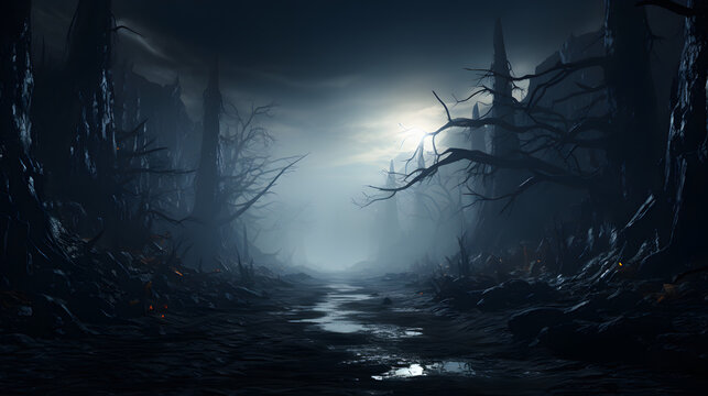 Road in the scary forest at night
