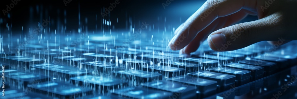 Poster virtual keyboard syncing business data with global network. data exchange and information transfer