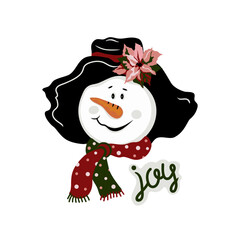 Vector illustration of a snowman's head in a hat with a poinsettia. Inscription joy. Isolated on white background.