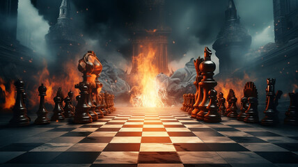 chess board game with pieces and fire on the background