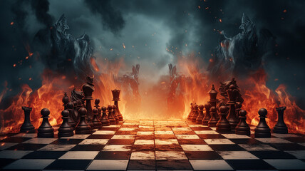 chess board game with pieces and fire on the background - obrazy, fototapety, plakaty
