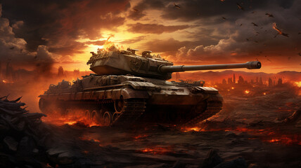 Tank on the battlefield - obrazy, fototapety, plakaty