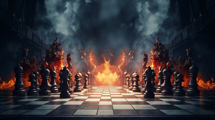 chess board game with pieces and fire on the background - Powered by Adobe
