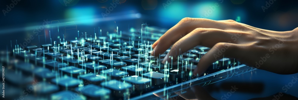 Poster virtual keyboard syncing business data with global network. data exchange and information transfer