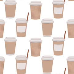 Seamless pattern with coffee cup paper container take away. coffee shop wrapping paper