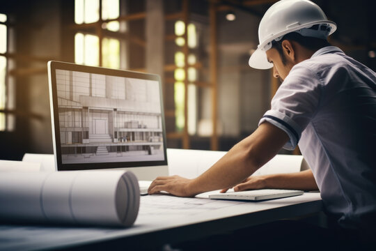 Engineer works at home designing architecture plans. Architect working in blueprints whit innovative technology design. Generative Ai