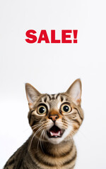 funny portrait of a cat looking shocked or surprised on a white background with copy space for a sale or discount in a pet store on goods