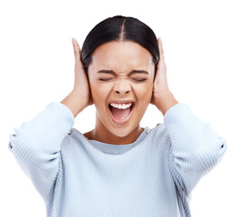 Shouting, stress and anxiety with face of woman on png for frustrated, anger or noise. Mental...