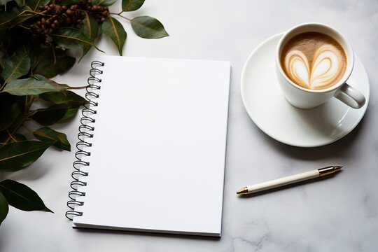 still life with empty white note book mockup and coffee on marble table