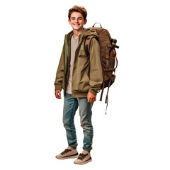 Teenage boy carrying a backpack stands and smiles, isolated on transparent or white background, png