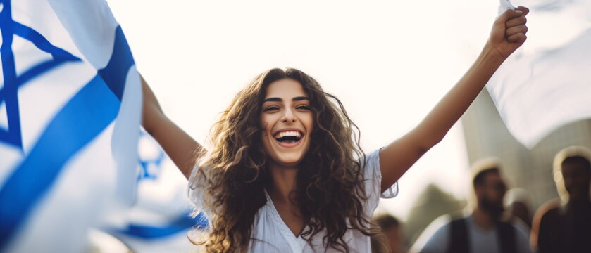 Portrait of pretty and happy Israeli woman standing with smile, in front of Israel flags, shouting, celebrating victory or success. Generative ai