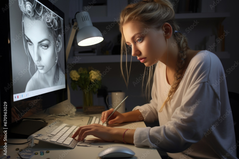 Poster visual artist at home working on computer. graphical designer working from home. generative ai