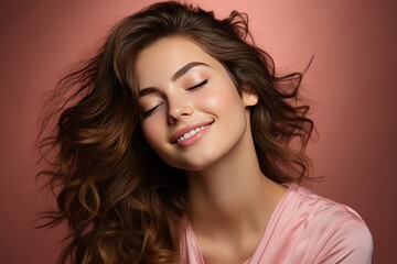 Young girl with perfect skin on her face on a pink background, a happy girl enjoys the freshness of her skin after skin care procedures