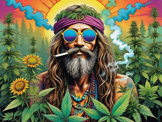 Hippie smokes a joint on a psychedelic background
