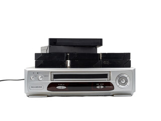 Fototapeta premium VHS cassette video recorder on a white background. Retro video recorder.
