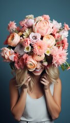 Euphoric Model. Smiling Fashion Woman with Flower Bouquet on Head and Dress Made of Blooms