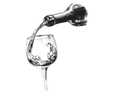 A Stream of Wine. Bottle And Glass. Hand Drawn Sketch Vector illustration.