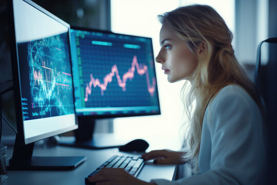 Female office worker browsing the internet on his computer in his workspace facing a virtual environment with big data, an artificial intelligence and it, computer Generative AI stock illustration