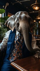 Fototapeta na wymiar Anthropomorphic Elephant Enjoying a Beer in a Classic Mens Dress at an Old, Dark Pub