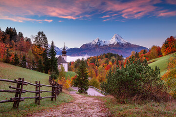 Maria Gern, Bavarian Alps. Landscape image of the Bavarian Alps with Maria Gern Church and Watzmann mountain at beautiful autumn sunrise. - 670964404
