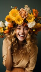Naklejka premium Fashionable Woman with Flower Bouquet and Floral Dress, Smiling Happily Against Dark Background