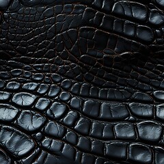 texture of black crocodile leather with seamless pattern. Genuine animal skin background - obrazy, fototapety, plakaty
