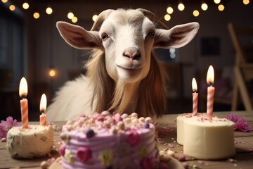 A happy goat is eating a birthday cake.