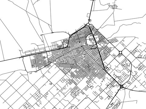 Vector road map of the city of  Trelew in Argentina with black roads on a white background.