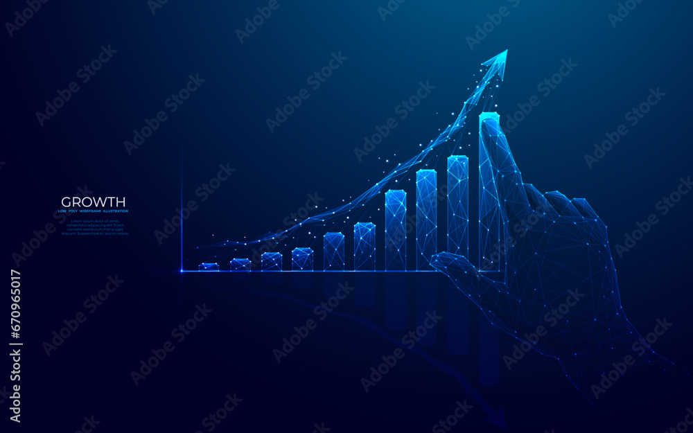 Fototapete abstract growth graph chart. digital hand pointing arrow up and histogram bar. column chart. success