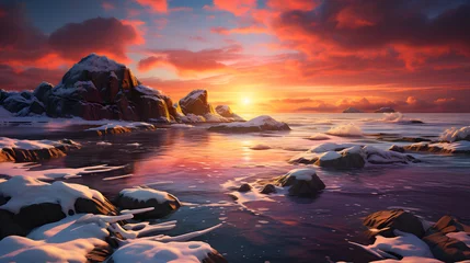 Foto op Canvas Witness an epic winter sunrise as it illuminates icy shores with a golden glow. This highly detailed background promises to ignite your creativity. © CanvasPixelDreams