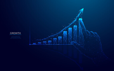 Abstract growth graph chart. Digital hand pointing arrow up and histogram bar. Column chart. Success business and career growth concept. Low poly wireframe vector illustration in futuristic blue style - obrazy, fototapety, plakaty