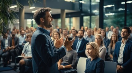 Business People Applauding and Smiling, Startup CEO Gesturing And Pitching Innovative Product Or Service to Room Full of Diverse Investors.