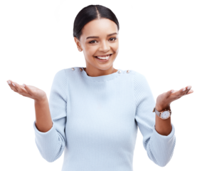 Happy, doubt and portrait of woman shrugging for a positive decision, choice or question. Face, smile and female model with dont know or unsure emoji expression isolated by transparent png background