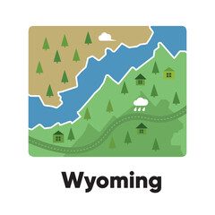Wyoming map shape of states cartoon style with forest tree and river landscape graphic illustration