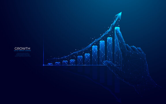 Abstract growth graph chart. Digital hand pointing arrow up and histogram bar. Column chart. Success business and career growth concept. Low poly wireframe vector illustration in futuristic blue style