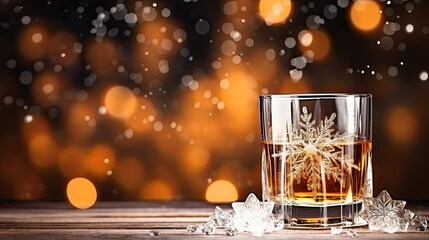 A wide glass of scotch or whiskey with a frosty pattern on a wooden bar counter. Free space for product placement or advertising text. - obrazy, fototapety, plakaty